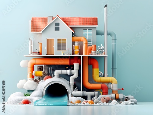 Cutaway view of a house s foundation and underground network of pipes conduits and utilities transporting water sewage gas and electricity in a technical