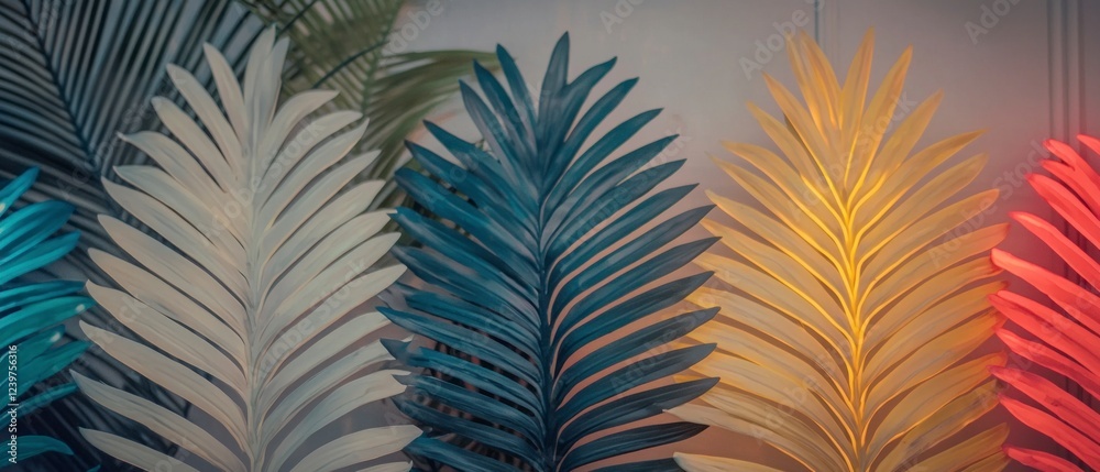 Fototapeta premium Vibrant Neon Palm Leaves Tropical Foliage Colorful Background