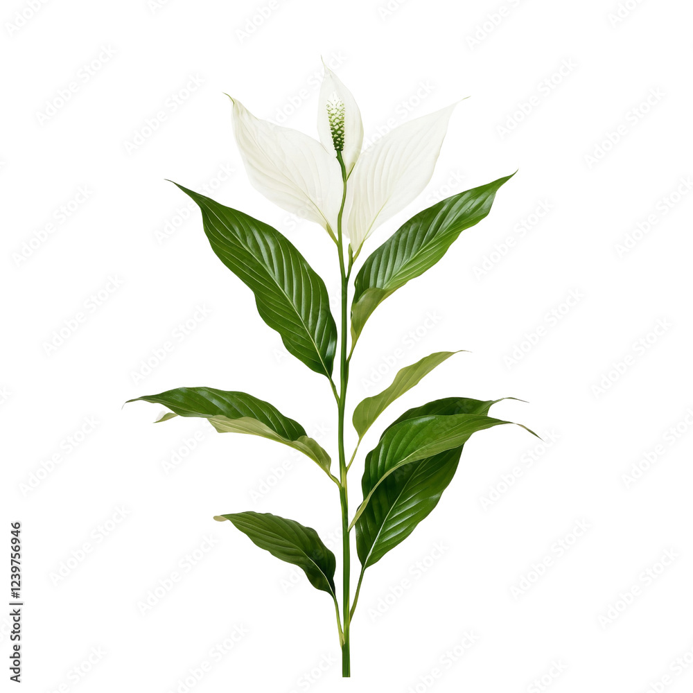 Fototapeta premium beautiful peace lily plant with large green leaves and white flowers, perfect for indoor decoration and enhancing home aesthetics