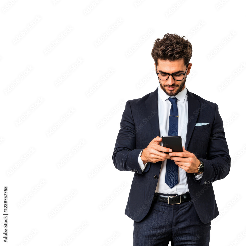 Professional man in suit using smartphone, focused on screen Professional man in suit using smartphone, focused on screen