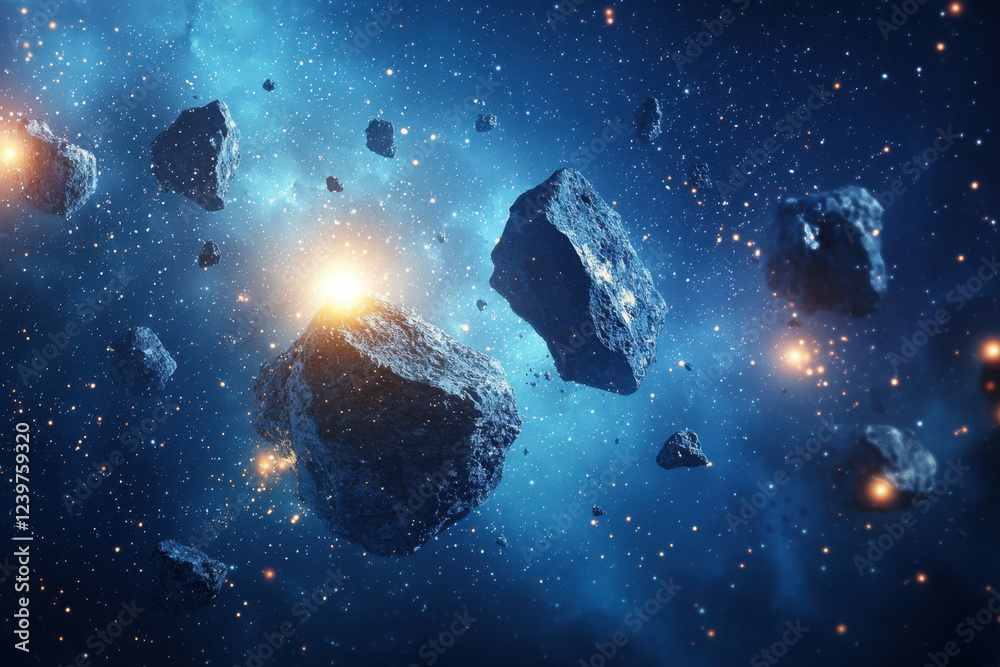 Obraz premium Floating asteroids illuminated by blue cosmic light in deep space