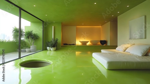 A green room with a green floor and a green bathtub photo