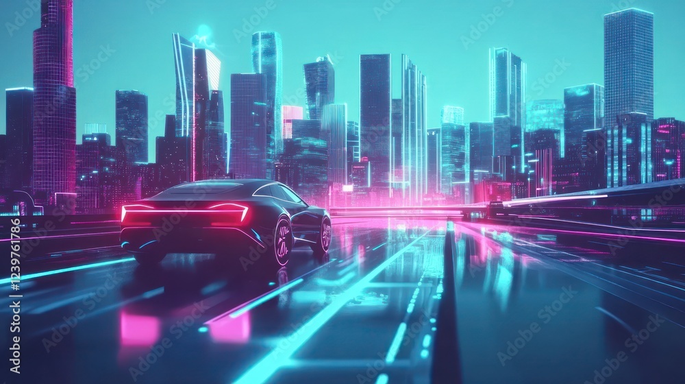 Fototapeta premium Neon Cityscape: Futuristic Electric Car Drive