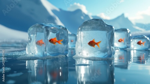 Goldfish frozen inside melting ice cubes on an icy landscape with mountains	