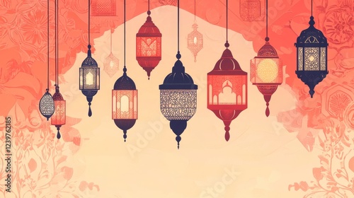 Islamic. light red color. hanging lanterns and ornaments