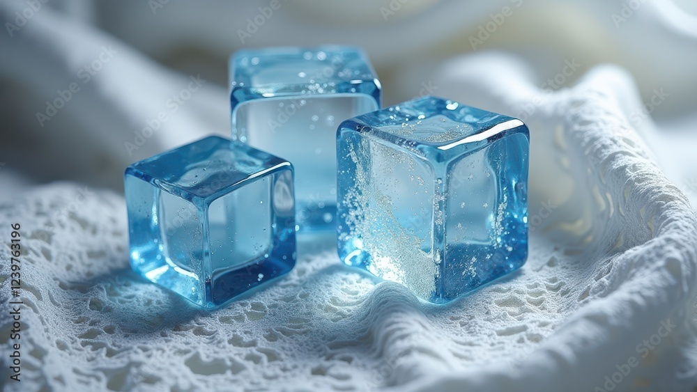 Four transparent ice cubes melting on decorative white lace in soft light Four transparent ice cubes melting on decorative white lace in soft light