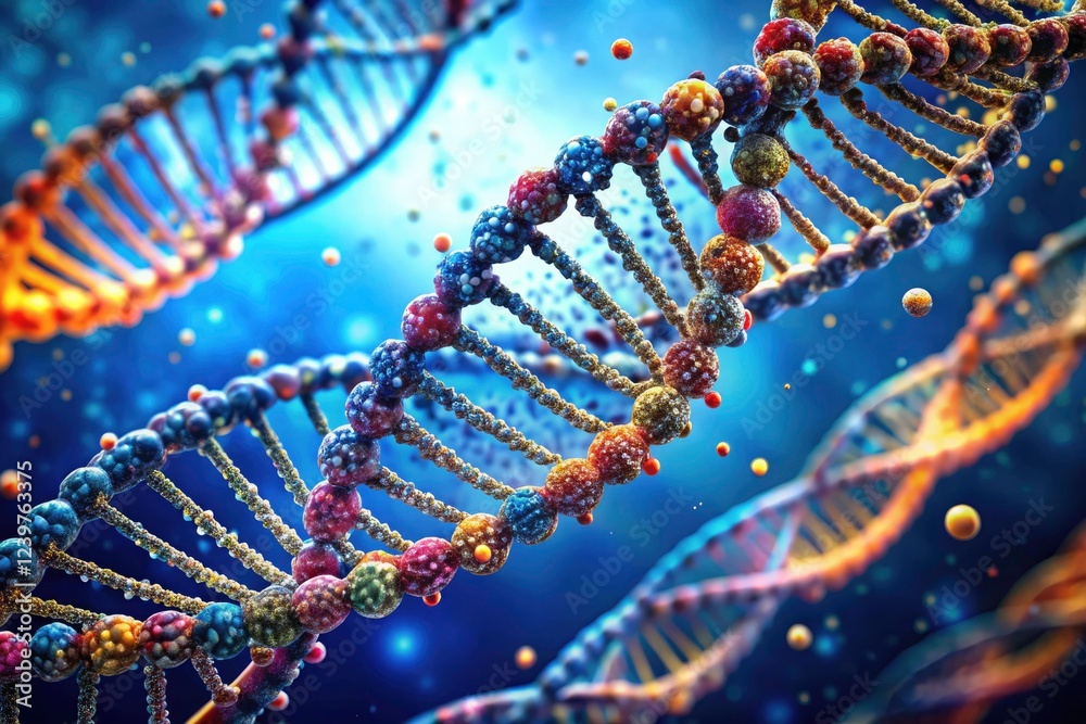 AI-generated: Blue-hued double helix DNA dominates this stunning aerial perspective, a captivating science image. AI-generated: Blue-hued double helix DNA dominates this stunning aerial perspective, a captivating science image.
