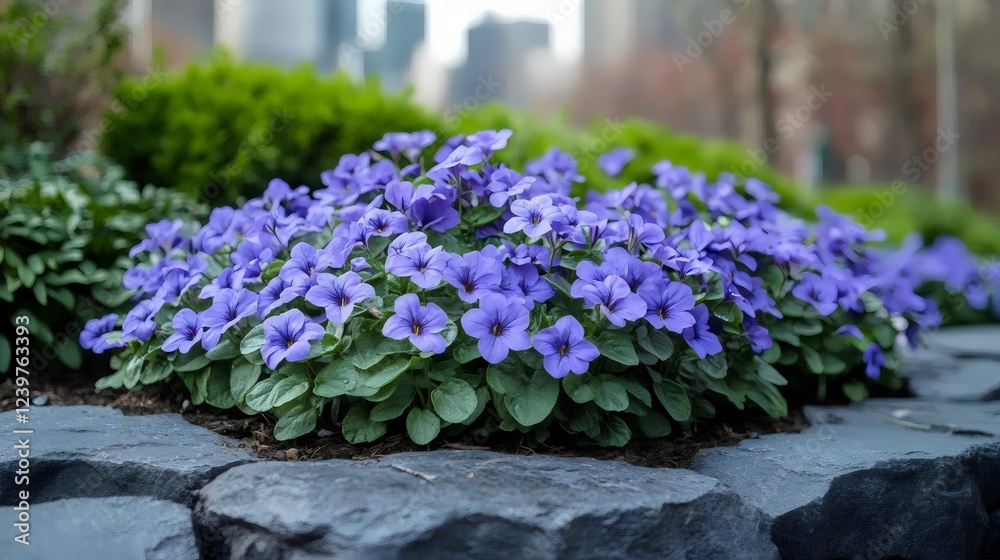 Fototapeta premium A beautiful garden of purple flowers is growing on a rock