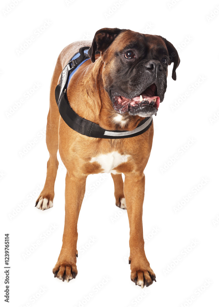 Cute service dog in vest on white background Cute service dog in vest on white background