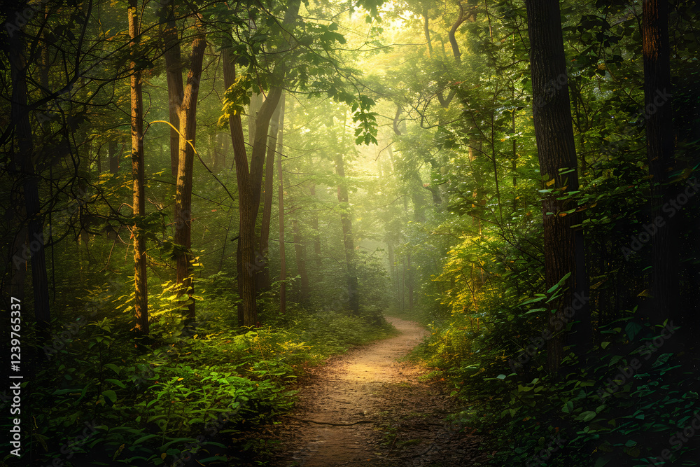 Fototapeta premium Tranquil Morning Walk Through a Serene Forest Pathway