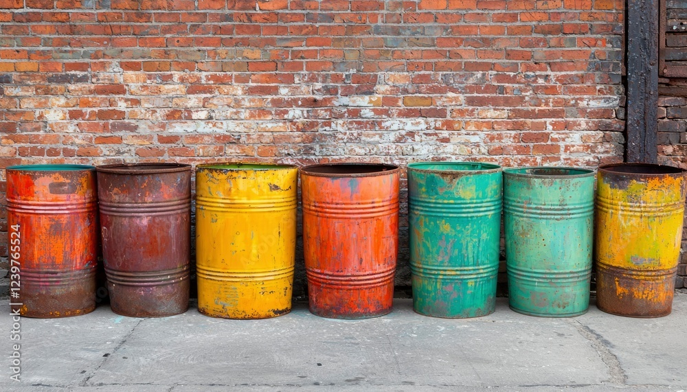Colorful rusty barrels against brick wall background Colorful rusty barrels against brick wall background