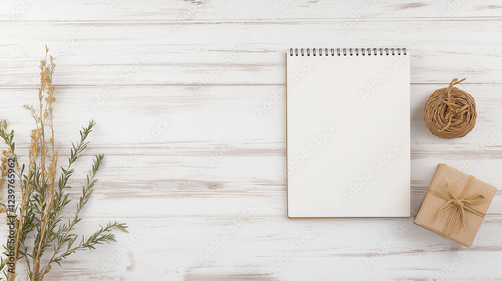 Rustic Desk Mockup: Blank notepad, twine, and a small gift box rest on a rustic white wooden surface, alongside dried floral accents. Perfect for showcasing your designs or branding. Rustic Desk Mockup: Blank notepad, twine, and a small gift box rest on a rustic white wooden surface, alongside dried floral accents. Perfect for showcasing your designs or branding.