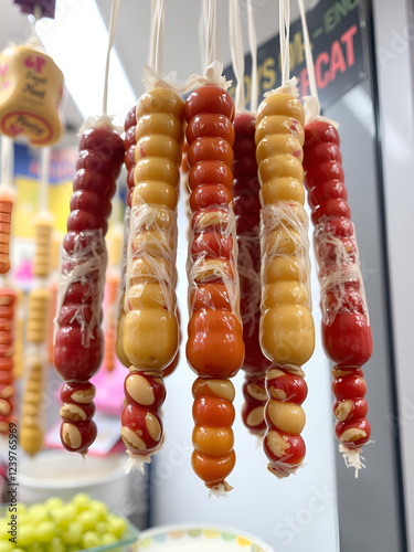 Colorful Churchkhela Hanging In Shop. Churchkhela Is A Traditional Georgian Food Sausage-shaped Candy. Main Ingredients Are Grape Must, Nuts And Flour photo