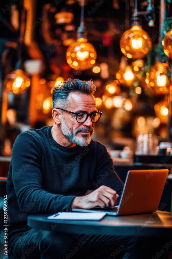 Man deliberates between business ideas in a cozy cafe during evening hours Man deliberates between business ideas in a cozy cafe during evening hours