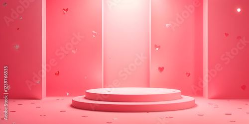 A twotiered pink cylindrical platform sits in a pink room decorated with floating hearts and pink confetti. Ideal for product display or Valentines Day themed visuals. photo