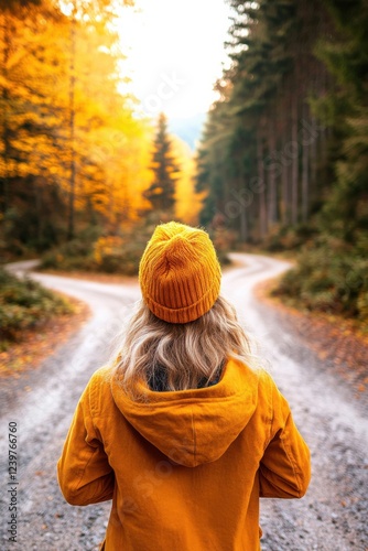 Young woman at a forest crossroads feeling uncertain about her path in natures bright embrace