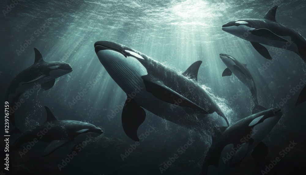 Fototapeta premium Orcas Gracefully Swimming Underwater In Sunlit Depths