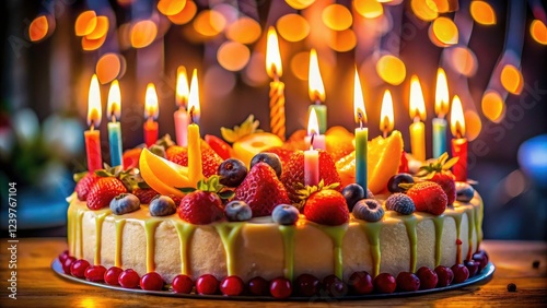 A long exposure reveals the vibrant fruits and flickering candles on a celebratory 33rd birthday cake. photo