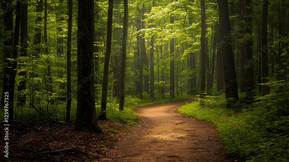 Obraz premium Tranquil Morning Walk Through a Serene Forest Pathway