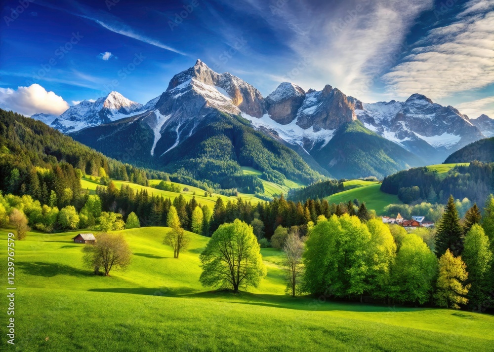 Obraz premium Alpine serenity: A vibrant blue sky arches over majestic Alps, captured in a stunning acre.