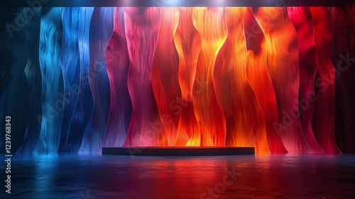 Vibrant Abstract Stage with Multicolored Illuminated Fabric Waves in Blues and Reds Creating a Dynamic and Captivating Visual Display
