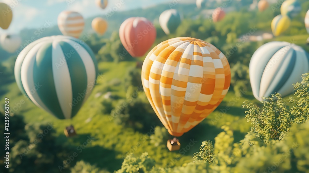 Fototapeta premium Colorful Hot Air Balloons Soaring Over Lush Green Landscape