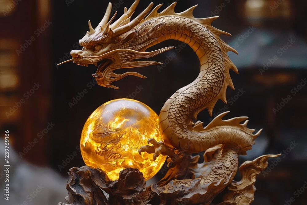 Obraz premium Golden Dragon Statue Clasping Illuminated Orb