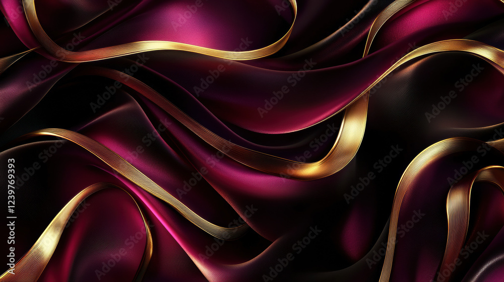 Fototapeta premium A luxurious digital artwork, deep velvet-like maroon and onyx black gradient background, enriched with sleek metallic golden ribbons curving gracefully