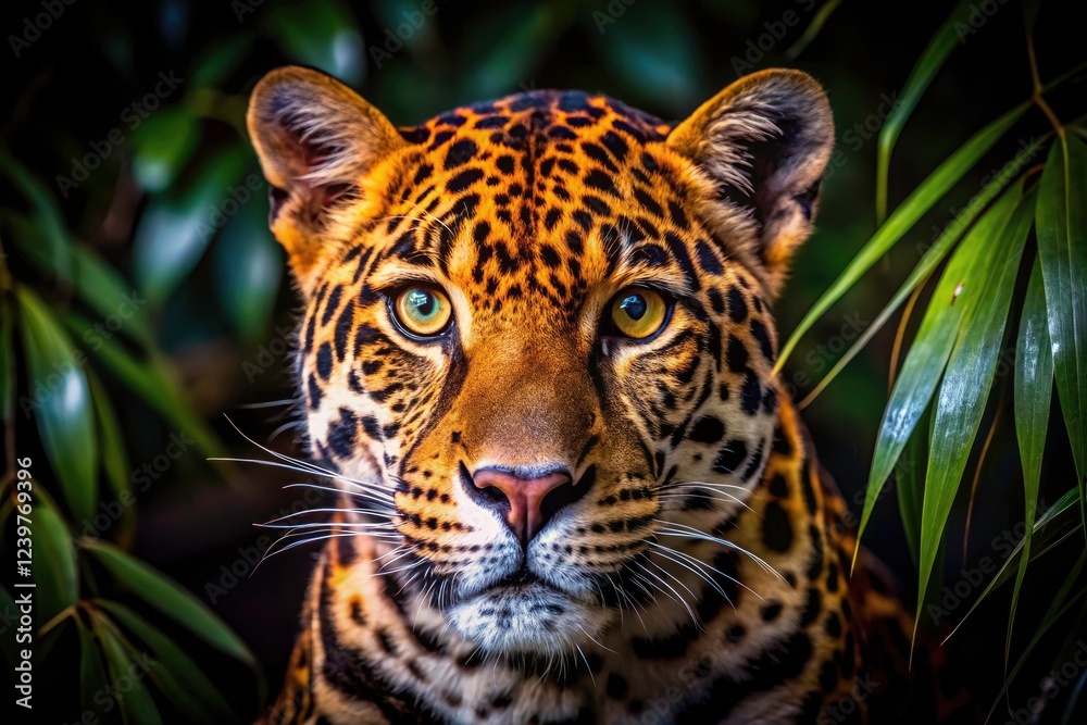 Fototapeta premium A majestic night leopard, captured in low light. Jungle habitat, wildlife conservation.