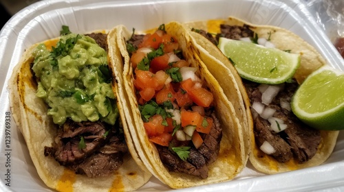 Delicious Mexican Tacos with Beef, Pico de Gallo, Guacamole, and Lime photo