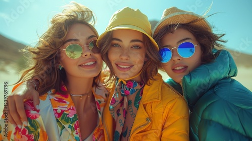 Three friends enjoying a sunny day at the beach wearing vibrant clothing and stylish sunglasses, highlighting summer fashion and joyful companionship under clear blue skies.friends