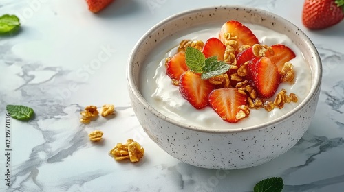 Nutritious Breakfast Bowl with Citrus Yogurt and Fresh Berries on a Marble Table photo