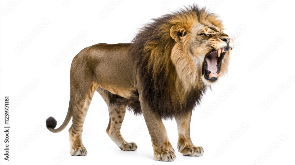 Obraz premium Roaring Lion with a Full Mane on White Background