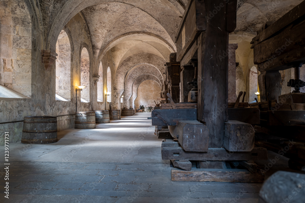 Sunlight streams into a historic monastery's wine cellar, illuminating ancient wooden wine presses and barrels.