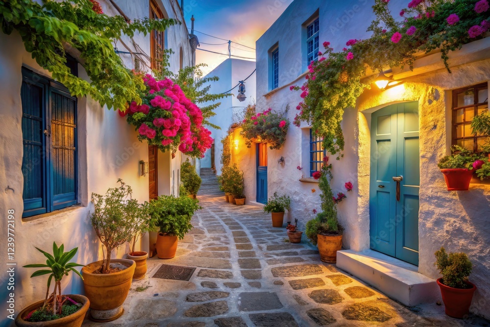 Obraz premium Amorgos Island: captivating low-light street photography, Greek charm.