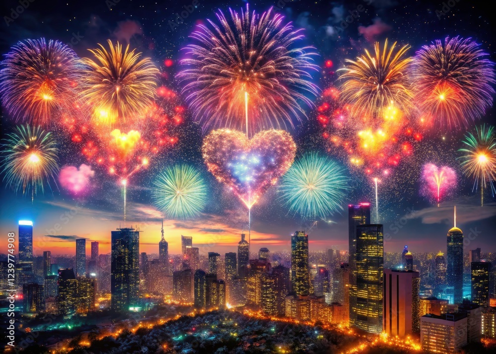 Fototapeta premium Surreal city skyline ablaze with heart-shaped fireworks, a dreamy explosion of light.