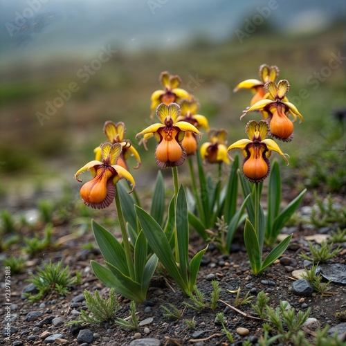 Generative AI Calypso Orchid Blooms in Grassy Meadow Calypso Orchid orchid flowers plant bloom meadow yellow orange leaves botanical nature beauty wildlife unique  - Make impact.