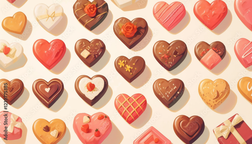 Assorted heart-shaped chocolates with vibrant designs on a light background Assorted heart-shaped chocolates with vibrant designs on a light background