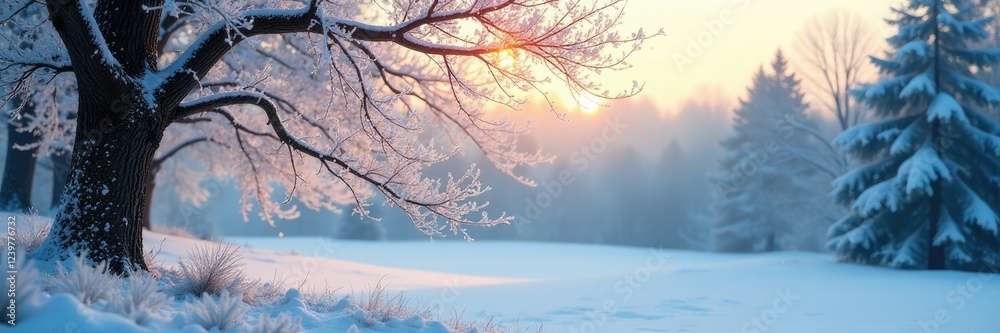 Frosty morning scene with bare tree branches and snow-covered evergreens, , winter Frosty morning scene with bare tree branches and snow-covered evergreens, , winter