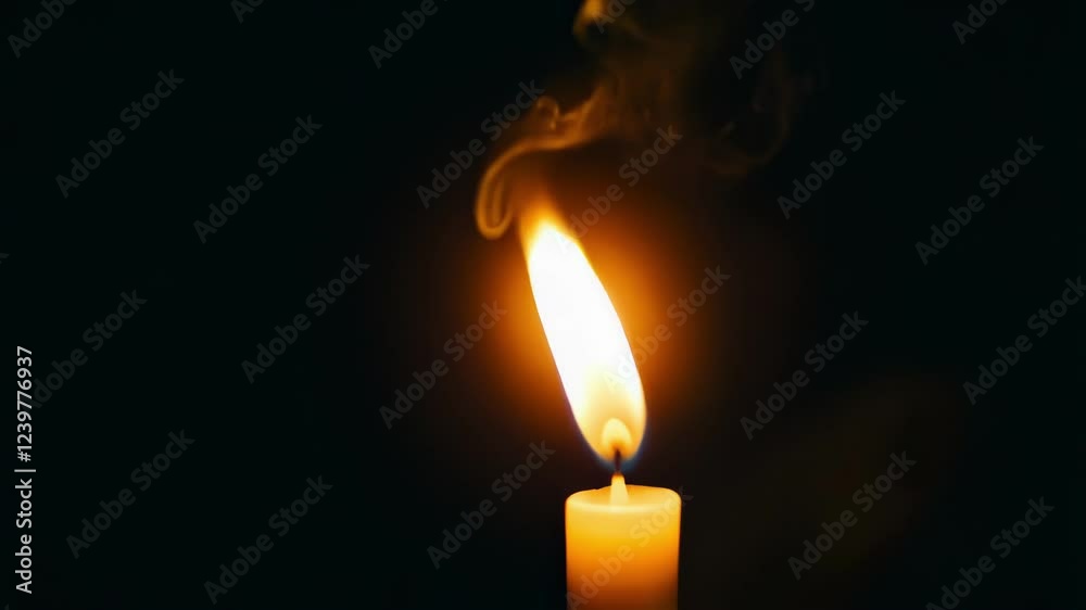 Soft candle flame gently burning and waving wisps of smoke against deep black backdrop, casting mesmerizing glow with subtle, ethereal movement
