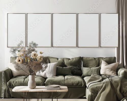 Five empty picture frames above a green sofa with cushions and a vase of flowers