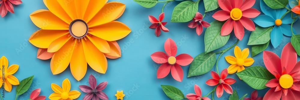 Multicolored paper cut flowers with green leaves on blue background, paper, craft, colorful Multicolored paper cut flowers with green leaves on blue background, paper, craft, colorful