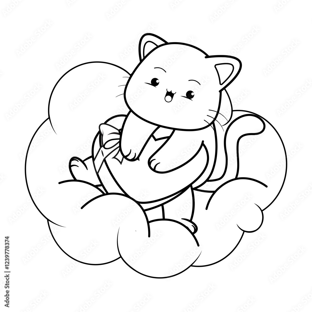 Naklejka premium Valentine Day Coloring Page with cute cat