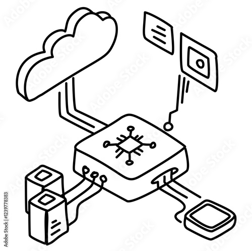 Line art illustration depicting Edge Computing, showcasing data processing happening locally on devices instead of relying solely on a centralized cloud. Perfect for technology blogs, presentations, a