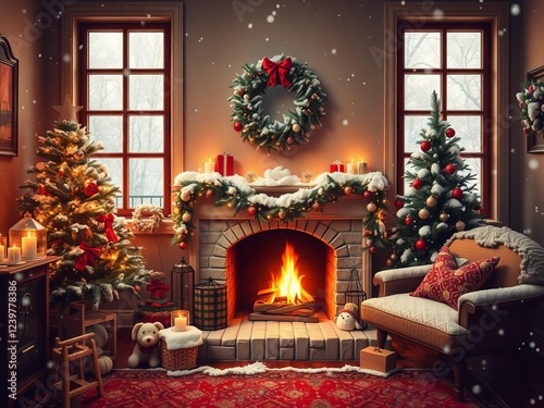 Old apartment with snow-covered windows, a beautifully decorated Christmas tree, and cozy fireplace, perfect for celebrating Weihnachten with family, fireplace, holiday, snow