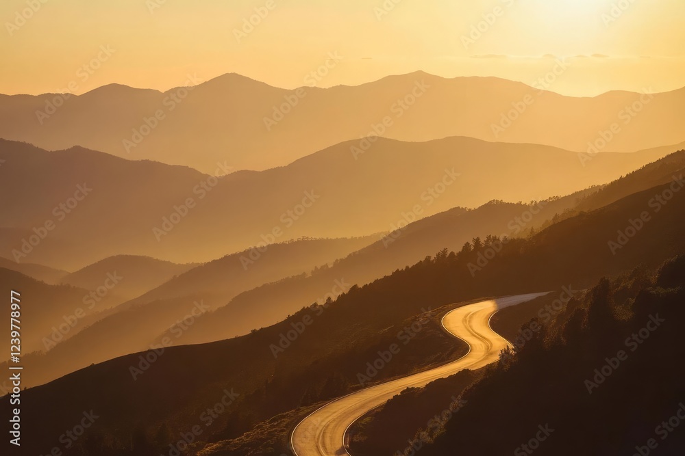 Obraz premium a winding mountain road at sunset golden light filtering through misty peaks