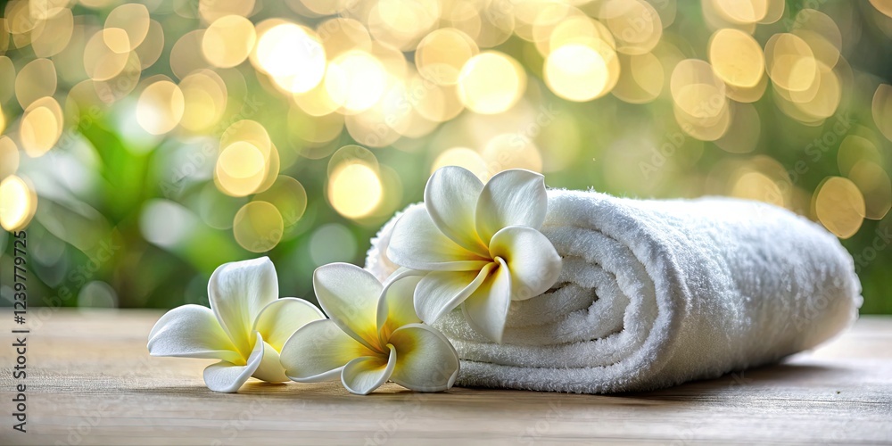 Whimsical tilt-shift captures spa tranquility: perfectly rolled towel, delicate frangipani. Whimsical tilt-shift captures spa tranquility: perfectly rolled towel, delicate frangipani.