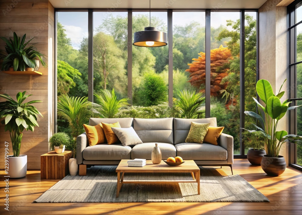 Fototapeta premium Cozy, modern living room features a stylish sofa and captivating landscape photography.