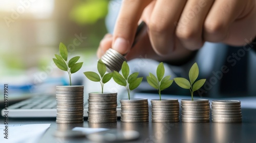 Financial Growth Concept: Stacked Coins with Sprouting Plants