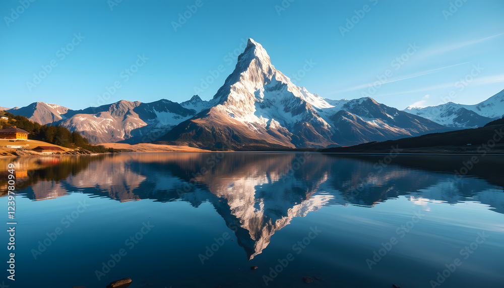 Vertical shot of a lake reflecting the Matterhorn mountain peak in Swiss, graphic novel art. isolated with white shades Vertical shot of a lake reflecting the Matterhorn mountain peak in Swiss, graphic novel art. isolated with white shades